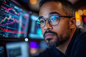 Man analyzing stock market data charts on computer screens for investment strategy and financial growth photo