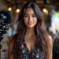 Portrait of beautiful woman with camera and microphone for broadcast or streaming content creation photo