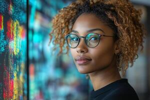 Portrait of a woman with glasses in front of a screen showing data visualization and code display photo