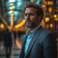 Stylish bearded man portrait in suit looking away with bokeh lights in background fashion style image 100c photo