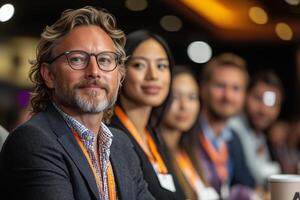 Diverse group attending conference seminar event with man in glasses leadership and teamwork focus photo