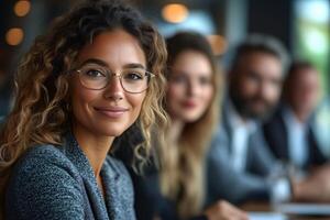 Professional business woman with glasses smiling at a meeting with her colleagues at the office photo