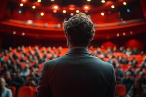 Speaker presenting to audience at conference or seminar event in auditorium theater stage lights photo