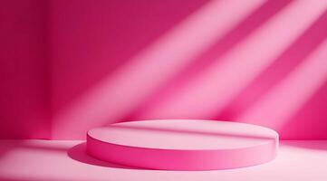 Bright pink display area with circular platform and shadow patterns in a well-lit space photo