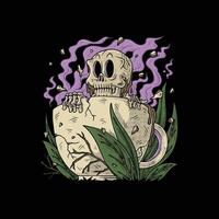 Retro Cartoon Skeleton Rising from Coffee with Nature Vibes vector