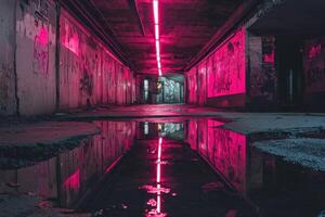 Urban underground tunnel illuminated by pink neon lights and graffiti reflections photo