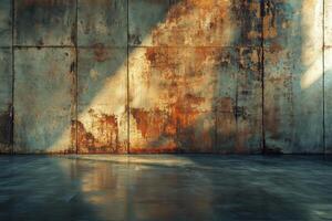 Textured rusty metal wall casting shadows on industrial concrete floor photo