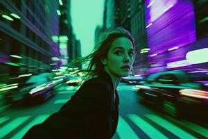 Woman running at night in busy city with neon lights and fast motion blur photo