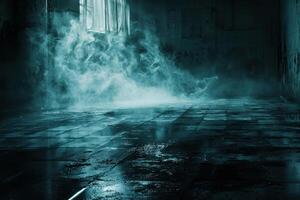 Mysterious abandoned building interior with fog and reflections photo