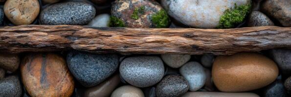 Wooden log on pebble riverbed with mossy rocks and varied textures photo