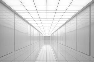 Futuristic white corridor with symmetrical architectural design and reflective surfaces photo