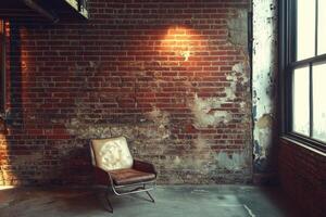 Rustic leather chair in industrial loft with exposed brick wall and soft lighting photo