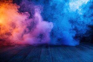Vibrant smoke in blue and orange colors creating mystical ambiance on wooden surface photo