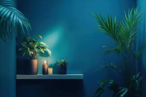 Indoor green plants and candles on a shelf in a blue room photo