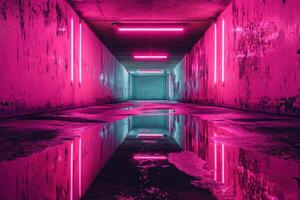 Neon-lit underground tunnel with reflective water on floor, futuristic vibe photo