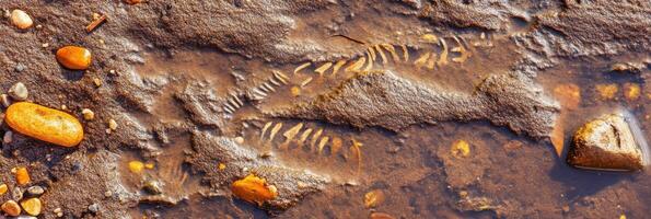 Fossilized dinosaur footprint in mud among pebbles and rocks photo