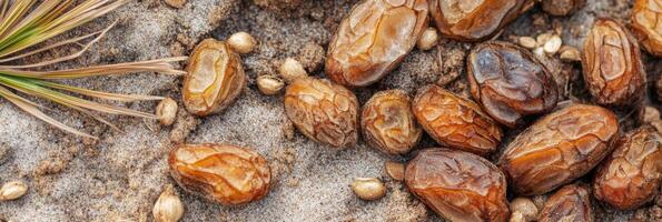 Dried dates and seeds scattered on sand with dried leaf for natural background photo