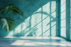 Sunlit room with tropical palm leaves and green walls capturing natural shadows photo
