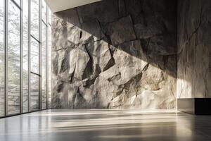 Sunlit interior space with textured stone wall and large windows photo