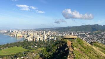 Honolulu cityscape view from Diamond Head summit, Aerial view of Honolulu s skyline and coastline as seen from the top of Diamond Head crater on a clear, sunny day in Hawaii. video