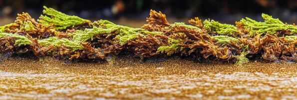 Close-up view of seaweed and algae on sandy shoreline in coastal environment photo