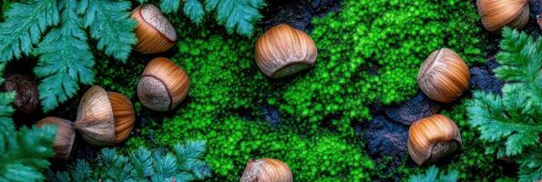 Rustic arrangement of hazelnuts and vibrant green foliage on forest floor photo