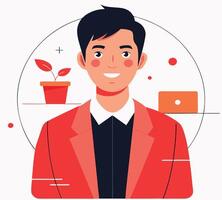 Young Man in Red Suit with Work Desk in Background vector