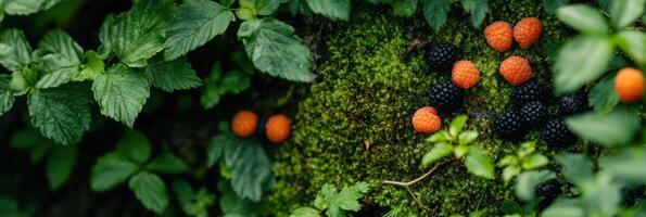 Close-up of fresh raspberries and blackberries on green moss with leaves surrounding photo