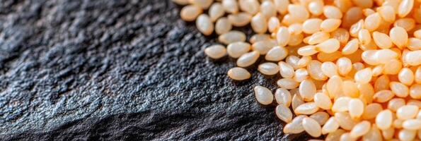 Close-up of uncooked rice grains on dark textured surface for culinary concepts photo