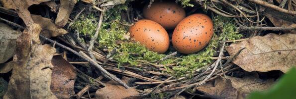 Three speckled eggs in a nest with moss amidst dry leaves and twigs outdoors photo