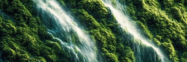 Lush green waterfall cascading over moss-covered rocks in scenic landscape photo