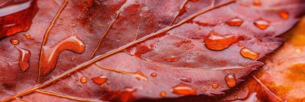 Close-up of autumn leaf with water droplets showcasing natural texture and color photo