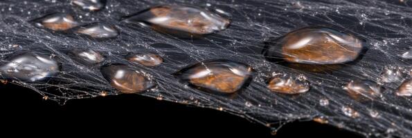 Close-up of water droplets on delicate spider web with black background for macro photography photo