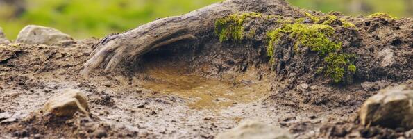 Forest ground with moss-covered tree root and small puddle in natural setting photo