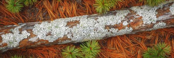 Fallen tree branch with lichen and pine needles in forest floor composition photo