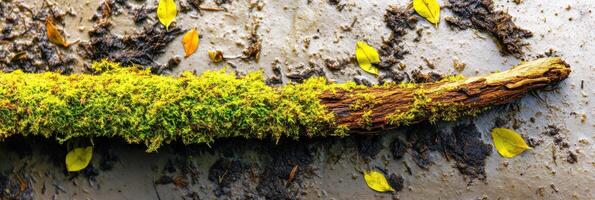 Lush green moss on fallen tree branch with yellow leaves in forest photo