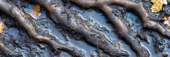 Wet tree root patterns with autumn leaves in forest ground texture photo