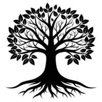 Silhouette of Deciduous Tree with Roots and Leaves vector
