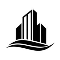 Minimalist Building Silhouette with Abstract Waves vector