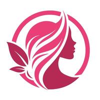 Elegant Woman Profile with Leaves in Circle, Abstract Pink Design vector