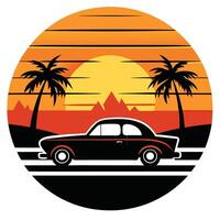 Retro Sunset Palm Trees with Vintage Car vector