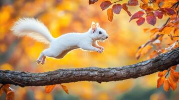 A playful albino squirrel running across a tree branch photo