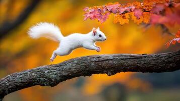 A playful albino squirrel running across a tree branch,with bright autumn leaves in the background. photo