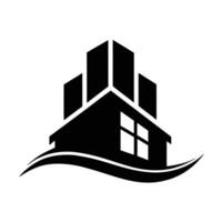 Minimalist black and white house building logo, wave element vector