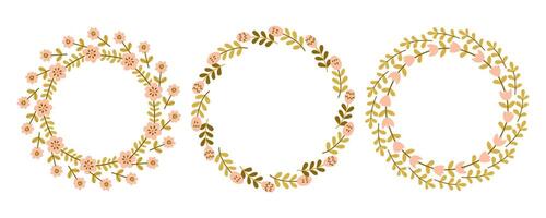 Spring yellow flower circle frame set. Floral circle frame. Hand drawn botanical round border, laurel, wreath with branches, leaves and flowers illustration for wedding invitation, card, logo vector