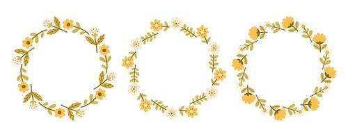 Spring simple yellow flower circle frame set. Floral circle frame. Hand drawn botanical round border, laurel, wreath with branches, leaves and flowers illustration for wedding invitation, card, logo vector