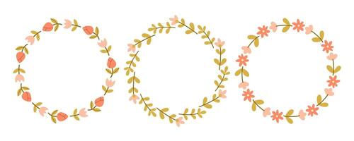 Spring red and pink flower circle frame set. Floral circle frame. Hand drawn botanical round border, laurel, wreath with branches, leaves and flowers illustration for wedding invitation, card, logo vector