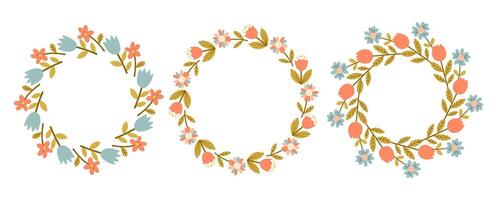 Spring simple flower circle frame set. Floral circle frame. Hand drawn botanical round border, laurel, wreath with branches, leaves and flowers illustration for wedding invitation, card, logo vector