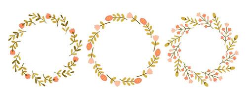 Spring pink and red flower circle frame set. Floral circle frame. Hand drawn botanical round border, laurel, wreath with branches, leaves and flowers illustration for wedding invitation, card, logo vector