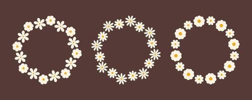 Groovy flower circle frame set on dark. Floral simple circle frame. Hand drawn botanical round border, laurel, wreath with flowers illustration for wedding invitation, card, logo vector
